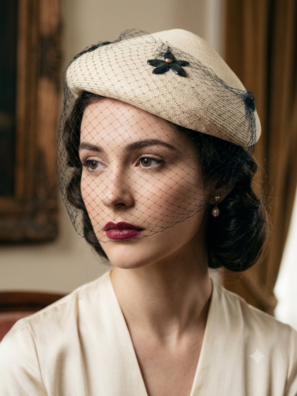 Vintage MCM Cream Veiled Cocktail Hat with Navy blue Netting chin length.